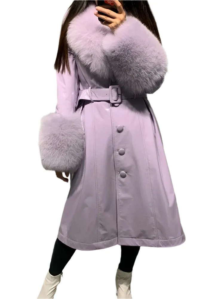 Women's Genuine Leather Coat - Long Coat with Fluffy Fur Collar & Cuffs