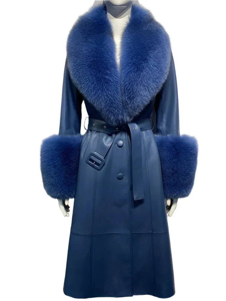 Women's Genuine Leather Coat - Long Coat with Fluffy Fur Collar & Cuffs