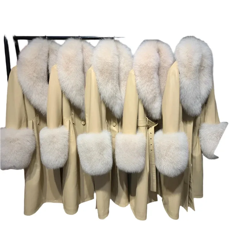 Women's Genuine Leather Coat - Long Coat with Fluffy Fur Collar & Cuffs