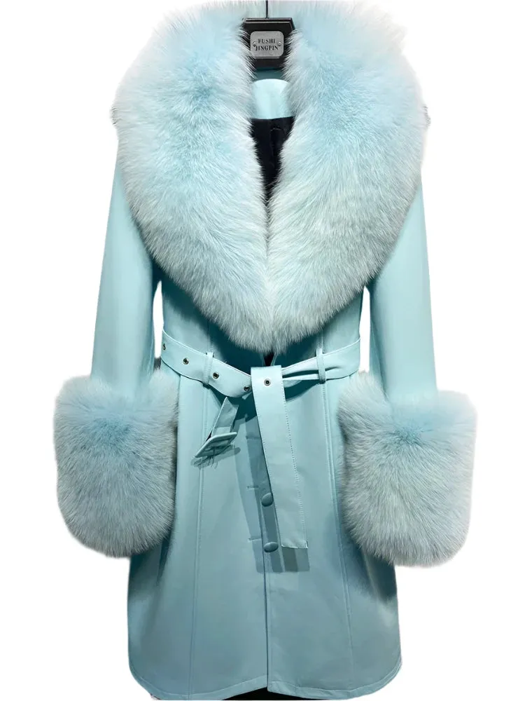 Women's Genuine Leather Coat - Long Coat with Fluffy Fur Collar & Cuffs