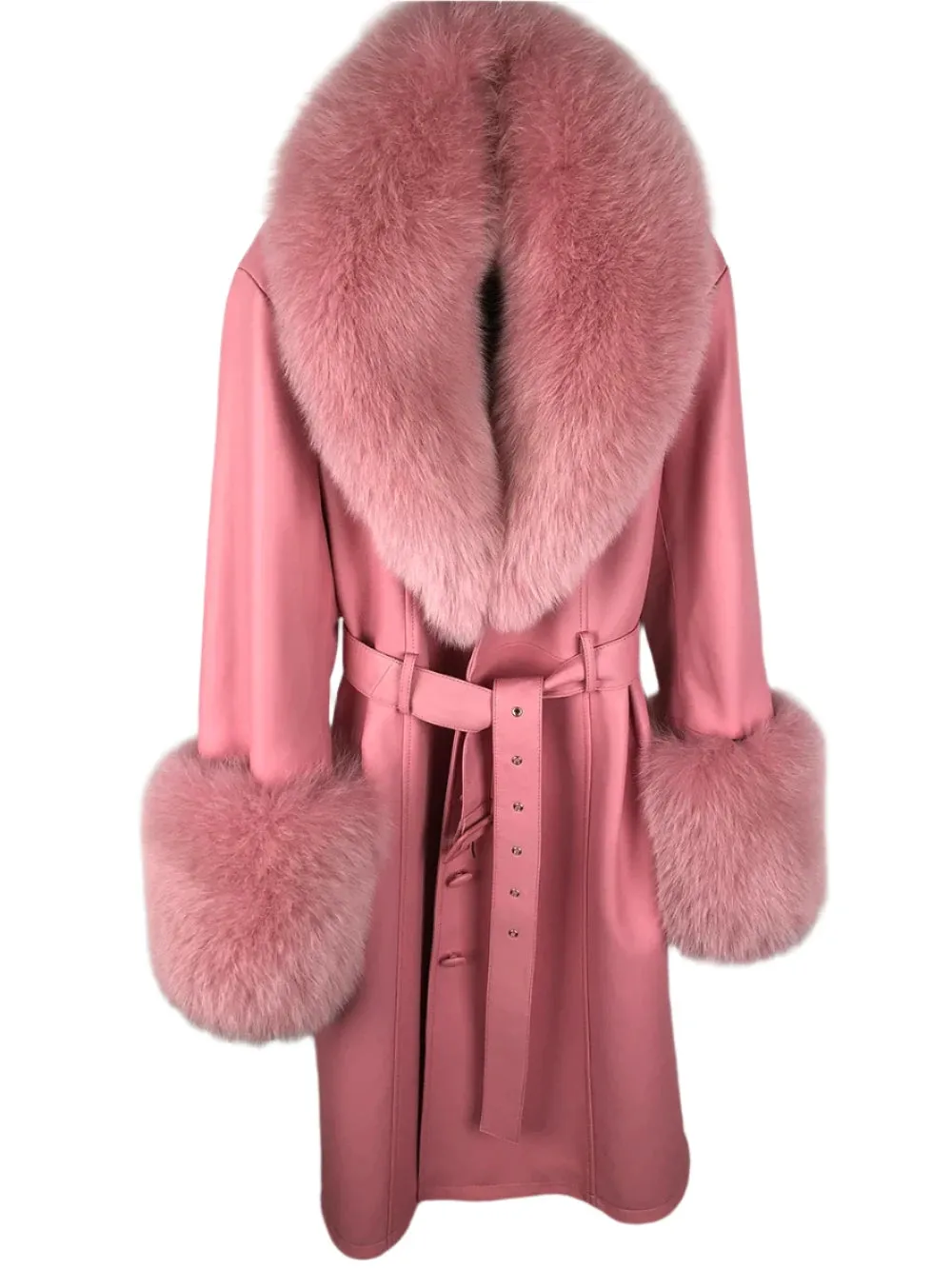 Women's Genuine Leather Coat - Long Coat with Fluffy Fur Collar & Cuffs