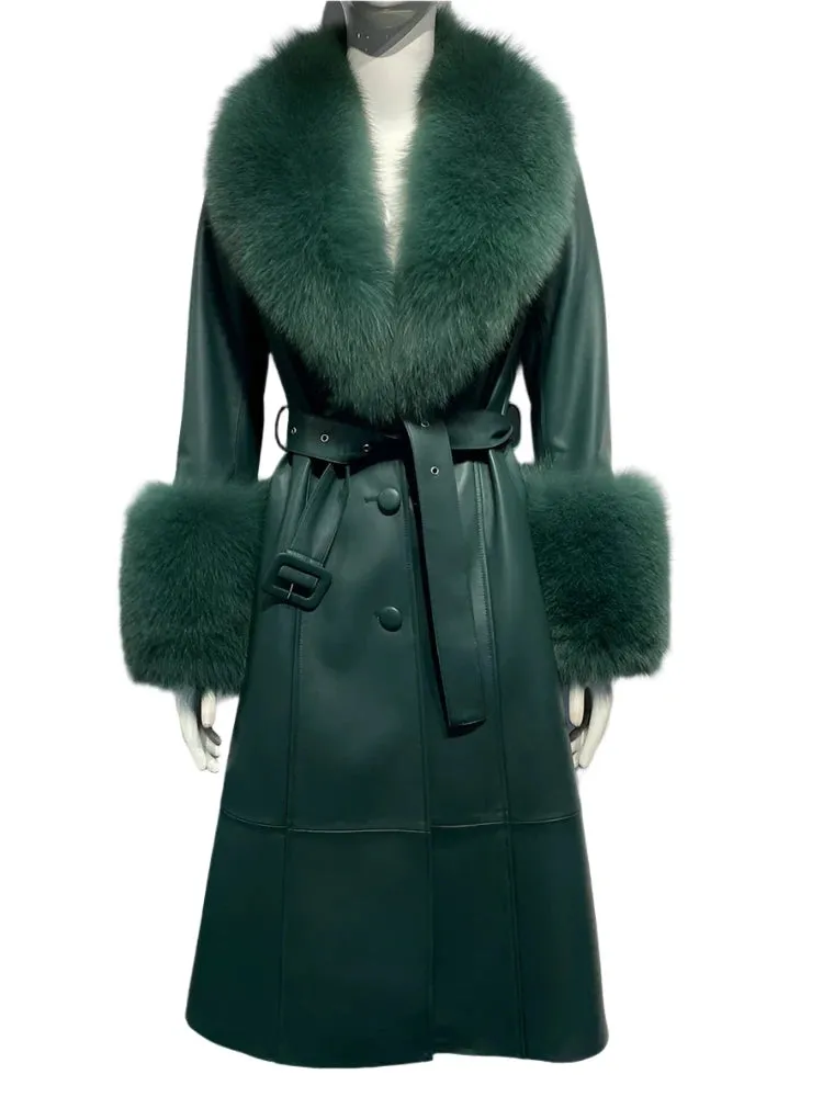 Women's Genuine Leather Coat - Long Coat with Fluffy Fur Collar & Cuffs