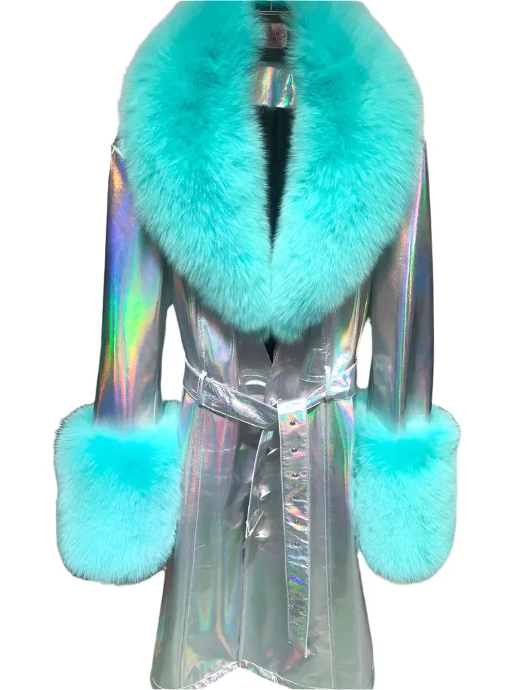 Women's Genuine Leather Coat - Long Coat with Fluffy Fur Collar & Cuffs