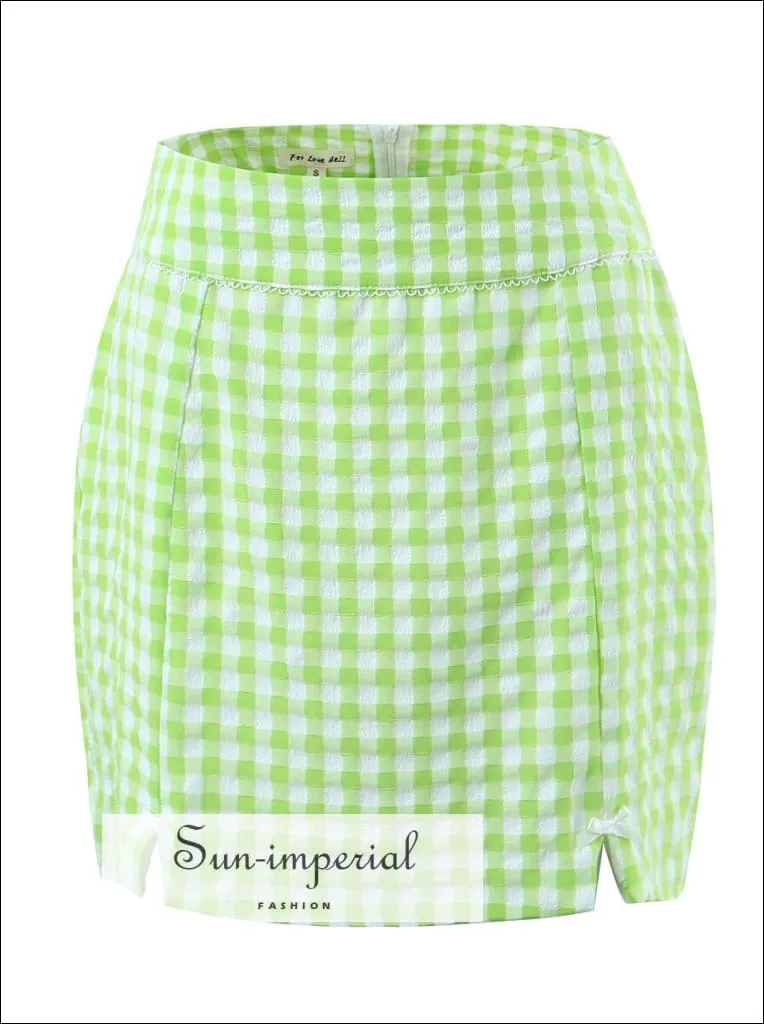 Women's Green Plaid Twin Piece Skirt Set With Cropped Short Puff Sleeve Underwire Top And Pencil Mini Skirt