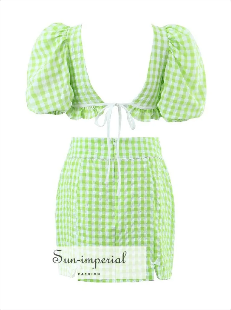Women's Green Plaid Twin Piece Skirt Set With Cropped Short Puff Sleeve Underwire Top And Pencil Mini Skirt