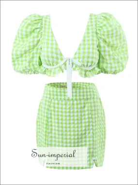 Women's Green Plaid Twin Piece Skirt Set With Cropped Short Puff Sleeve Underwire Top And Pencil Mini Skirt