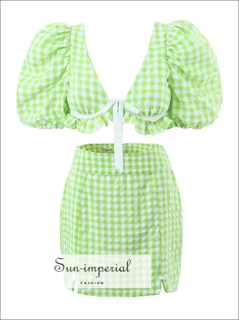 Women's Green Plaid Twin Piece Skirt Set With Cropped Short Puff Sleeve Underwire Top And Pencil Mini Skirt