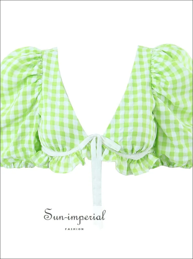 Women's Green Plaid Twin Piece Skirt Set With Cropped Short Puff Sleeve Underwire Top And Pencil Mini Skirt