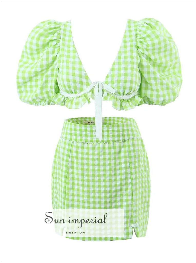 Women's Green Plaid Twin Piece Skirt Set With Cropped Short Puff Sleeve Underwire Top And Pencil Mini Skirt