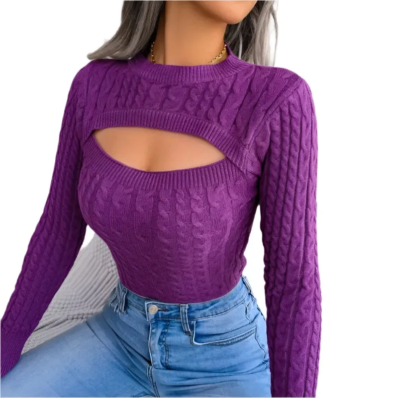 Women's Hollow Out Long Sleeve Sweater - Round Neck, Solid Color, Autumn Winter Fashion, Slim Fit Knitwear