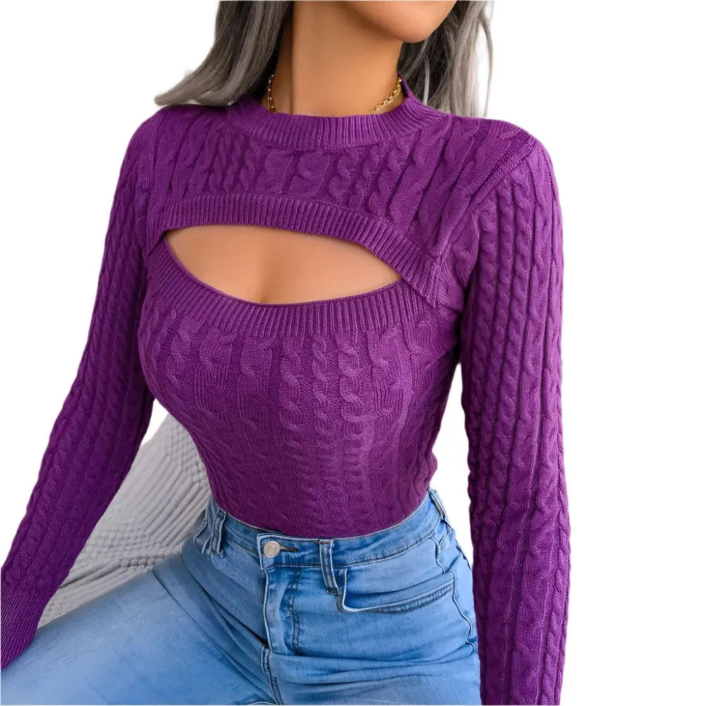 Women's Hollow Out Long Sleeve Sweater - Round Neck, Solid Color, Autumn Winter Fashion, Slim Fit Knitwear