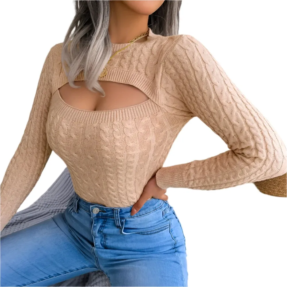 Women's Hollow Out Long Sleeve Sweater - Round Neck, Solid Color, Autumn Winter Fashion, Slim Fit Knitwear