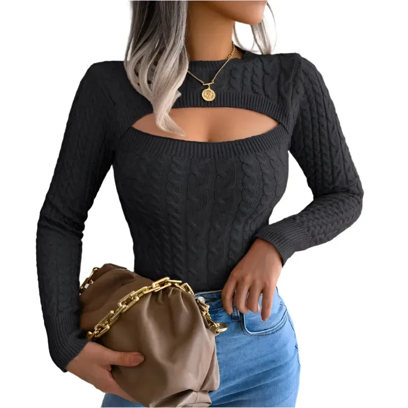 Women's Hollow Out Long Sleeve Sweater - Round Neck, Solid Color, Autumn Winter Fashion, Slim Fit Knitwear