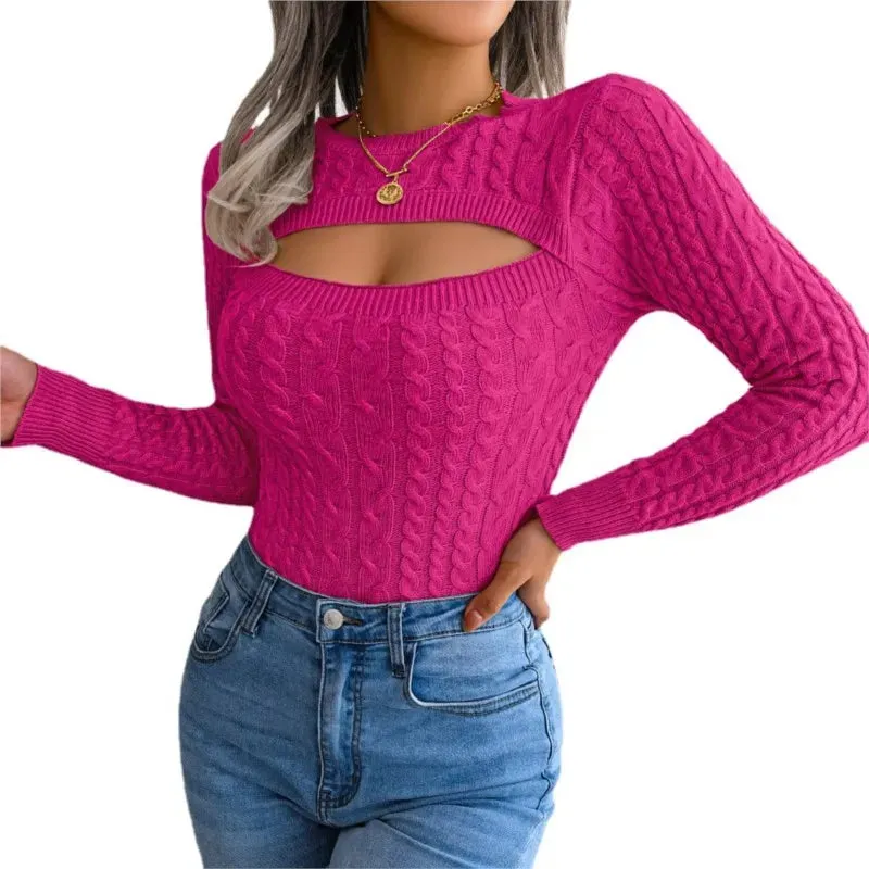 Women's Hollow Out Long Sleeve Sweater - Round Neck, Solid Color, Autumn Winter Fashion, Slim Fit Knitwear