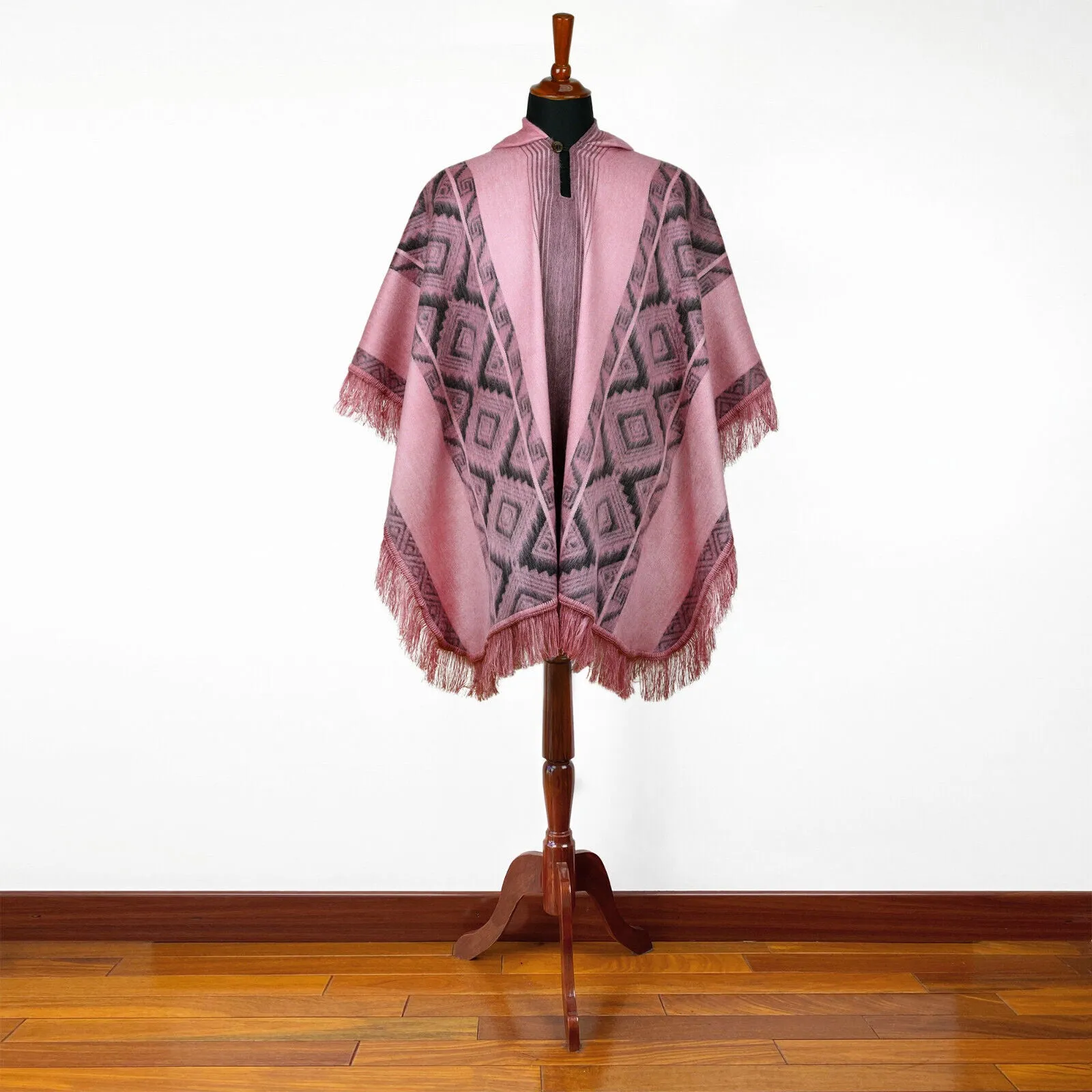 Zancudo - Lightweight Baby Alpaca Fringed Hooded Poncho - Dusty Rose & Charcoal - Unisex