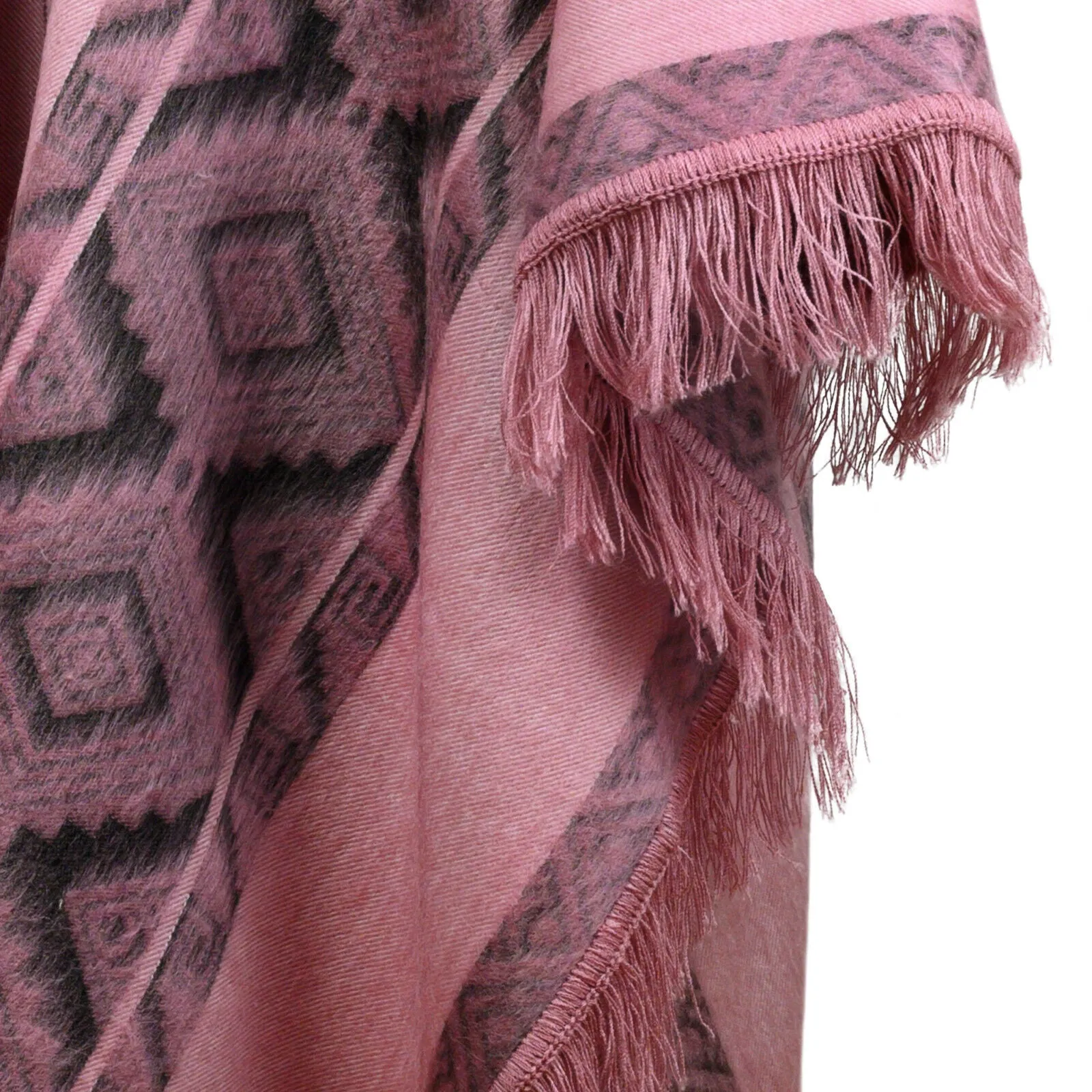 Zancudo - Lightweight Baby Alpaca Fringed Hooded Poncho - Dusty Rose & Charcoal - Unisex