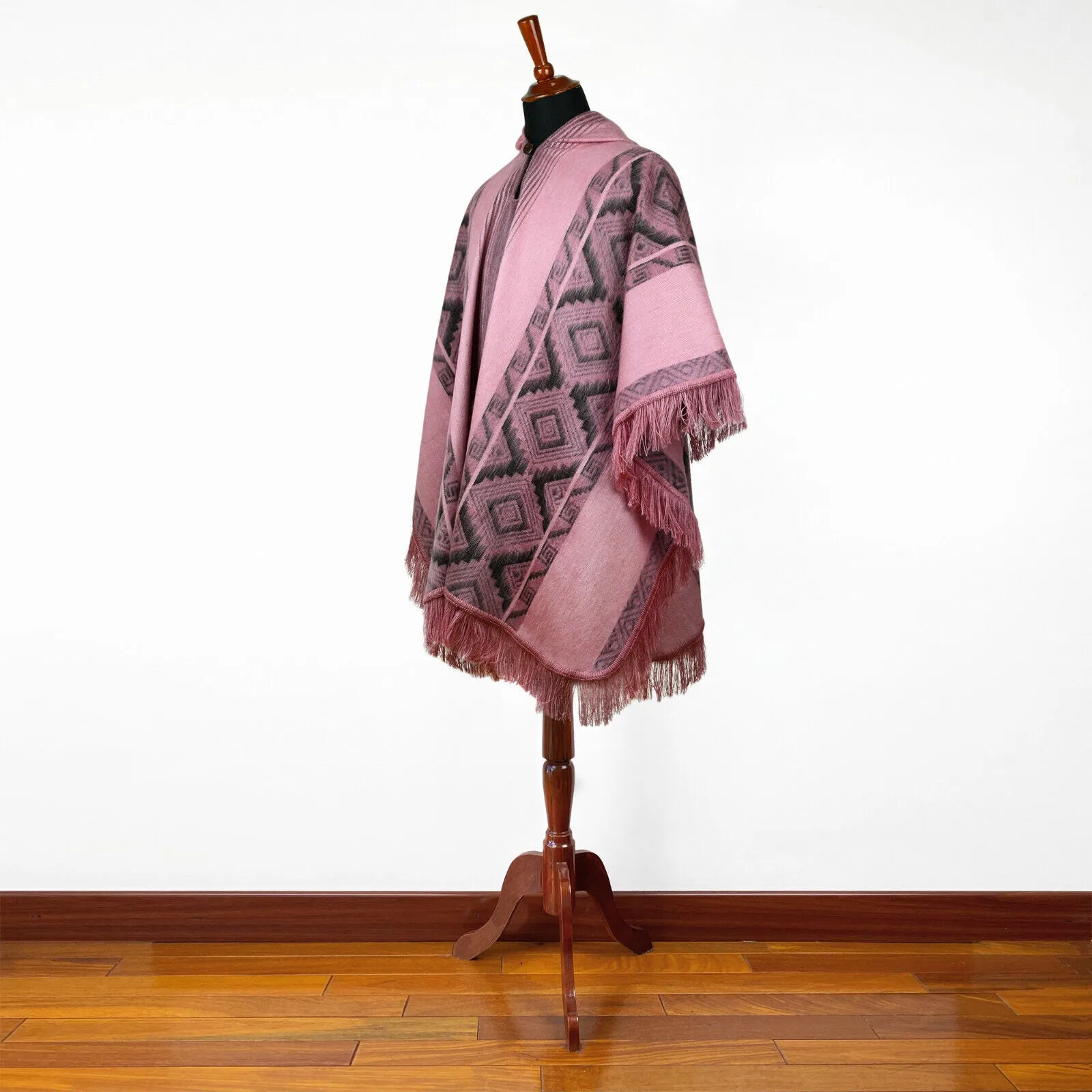 Zancudo - Lightweight Baby Alpaca Fringed Hooded Poncho - Dusty Rose & Charcoal - Unisex