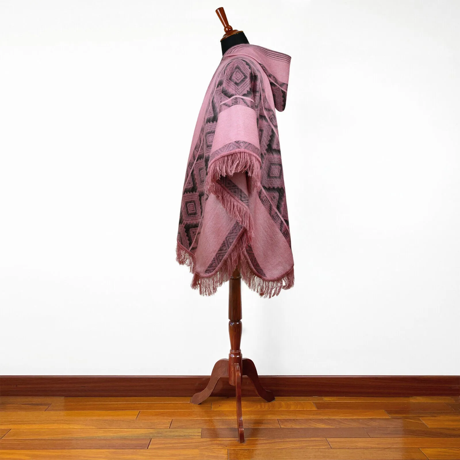 Zancudo - Lightweight Baby Alpaca Fringed Hooded Poncho - Dusty Rose & Charcoal - Unisex