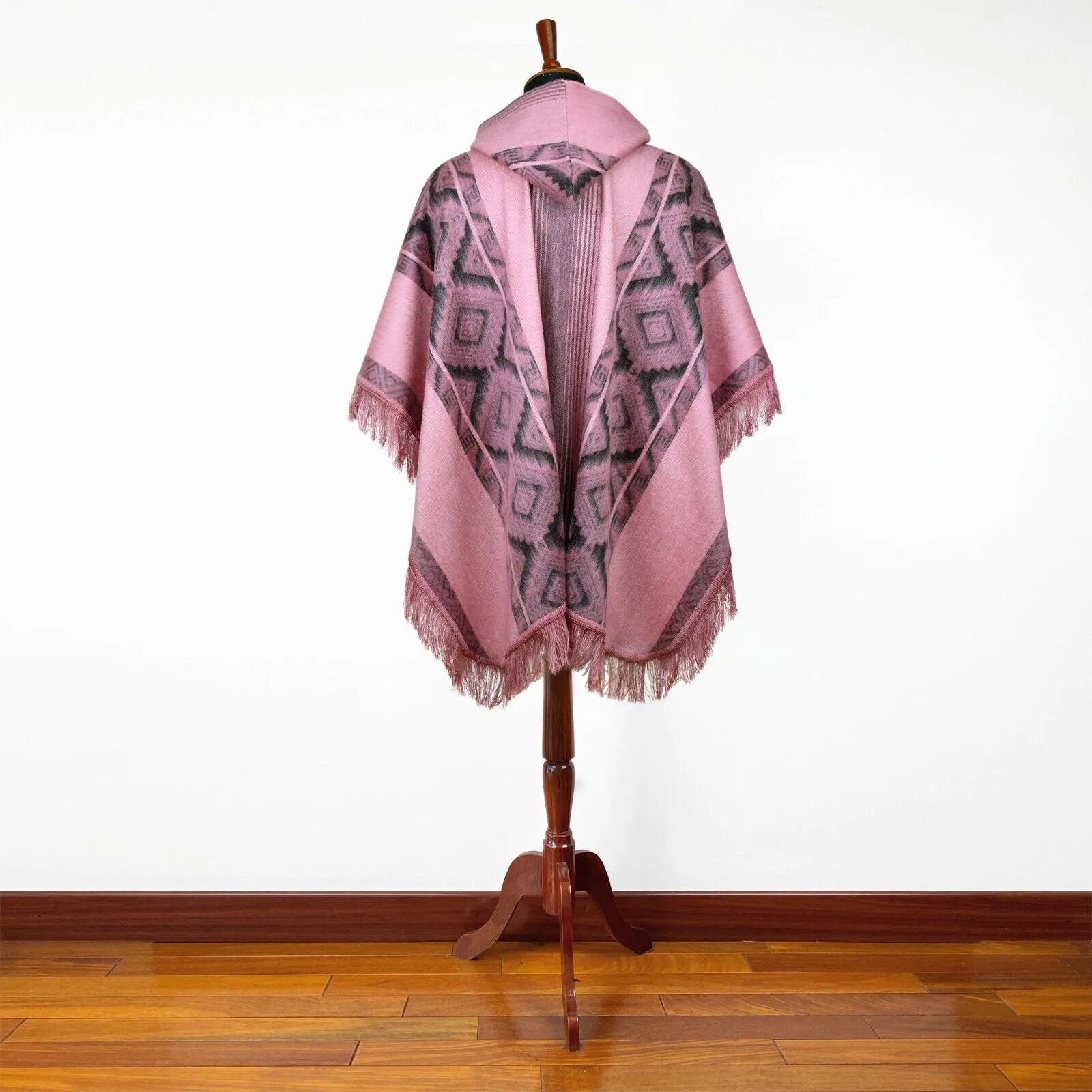 Zancudo - Lightweight Baby Alpaca Fringed Hooded Poncho - Dusty Rose & Charcoal - Unisex