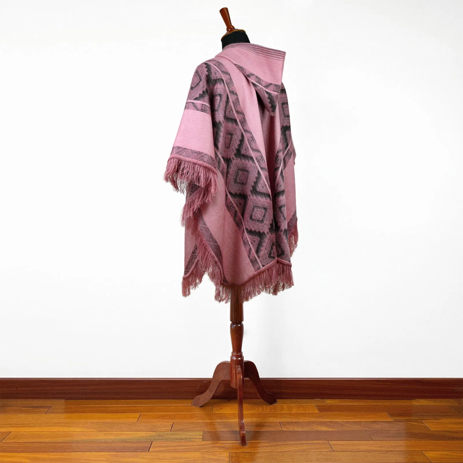 Zancudo - Lightweight Baby Alpaca Fringed Hooded Poncho - Dusty Rose & Charcoal - Unisex