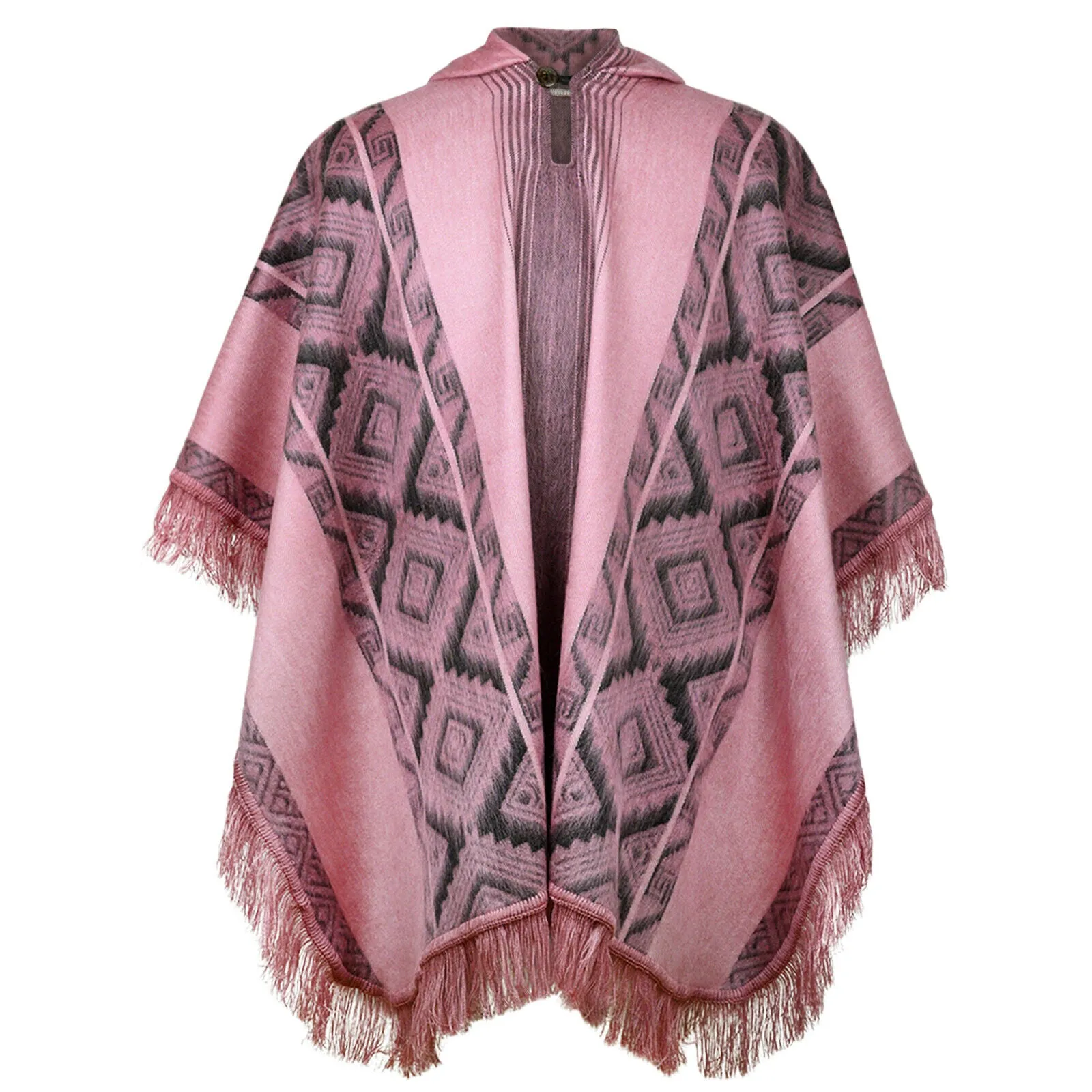 Zancudo - Lightweight Baby Alpaca Fringed Hooded Poncho - Dusty Rose & Charcoal - Unisex